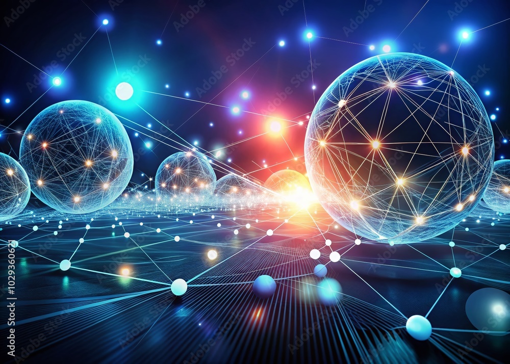 Poster visual data analytics with glowing orbs and digital connections for innovative insights