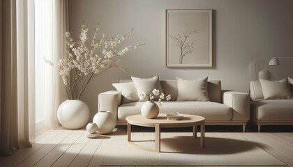Minimalist living room, neutral color palette, beige sofa, white pillows, round wooden coffee table, white ceramic vase with cherry blossoms, smaller decorative sphere, framed art on wall, natural lig