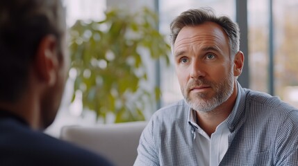 Middle-aged Caucasian male patient in therapy, discussing personal issues, softly lit room, neutral tones.