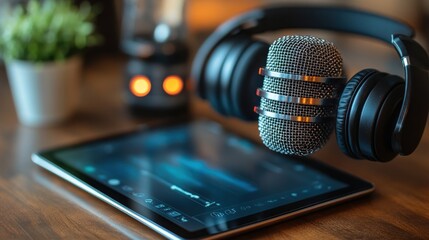 A microphone and headphones beside a tablet, suggesting audio recording or podcasting.