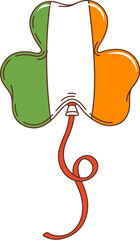 Cartoon irish groovy balloon, saint patrick day ballon in shape of shamrock clover in national green, white and orange country colors. Isolated vector balloon, symbol of luck, celebration and festival