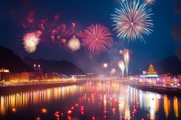 A spectacular fireworks display illuminates the night sky above a serene river
