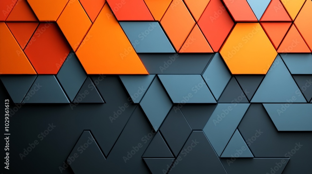 Poster abstract geometric pattern: triangles in shades of orange, red and blue create a dynamic, textured b