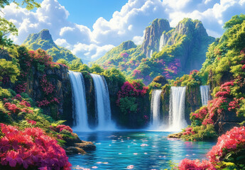 Paradise landscape with beautiful gardens, waterfalls and flowers, magical idyllic background with many flowers in eden.