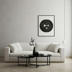Minimalist living room, monochromatic palette, white sofa, black coffee table, abstract circular artwork, framed black and white print, textured white wall, wooden floor, soft natural lighting, sleek 