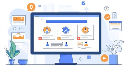 A modern computer screen displaying a dashboard interface, featuring graphs, icons, and user profiles, surrounded by colorful data elements and greenery.