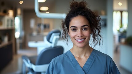 Naklejka premium Healthcare professional smiling in a modern clinic during the daytime while preparing to assist patients