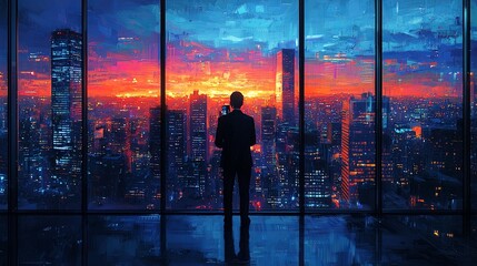 Fototapeta premium Businessman in skyscraper office overlooking sunset city skyline