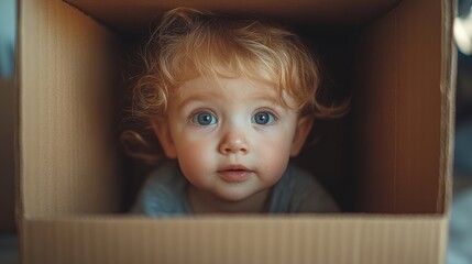 A curious child peeks out from inside a cardboard box, showcasing innocence and playfulness.