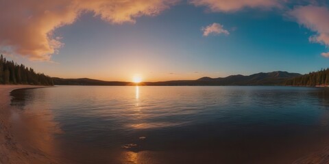 Fototapeta premium The sun sets over the ocean, its rays reflecting in calm water