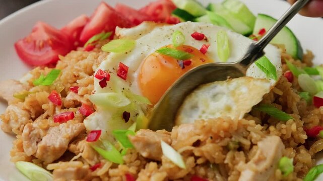 Eating Nasi goreng, fried rice with chicken and egg in Indonesia style. Asian food