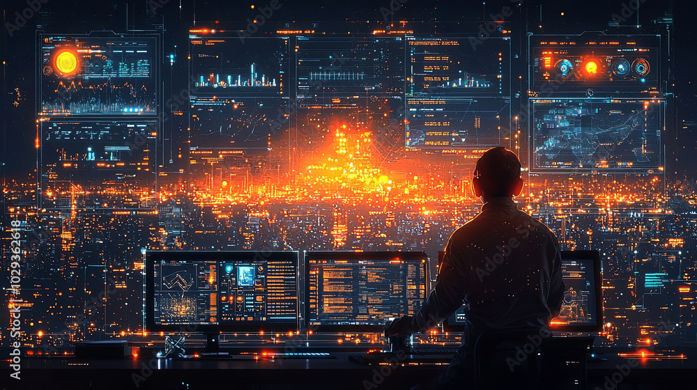 Poster digital engineer analyzing data in futuristic smart city control room