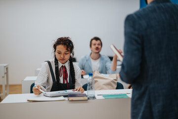 Students are actively working on assignments in a classroom setting, as the professor provides guidance and support. The atmosphere is focused and collaborative, highlighting the educational