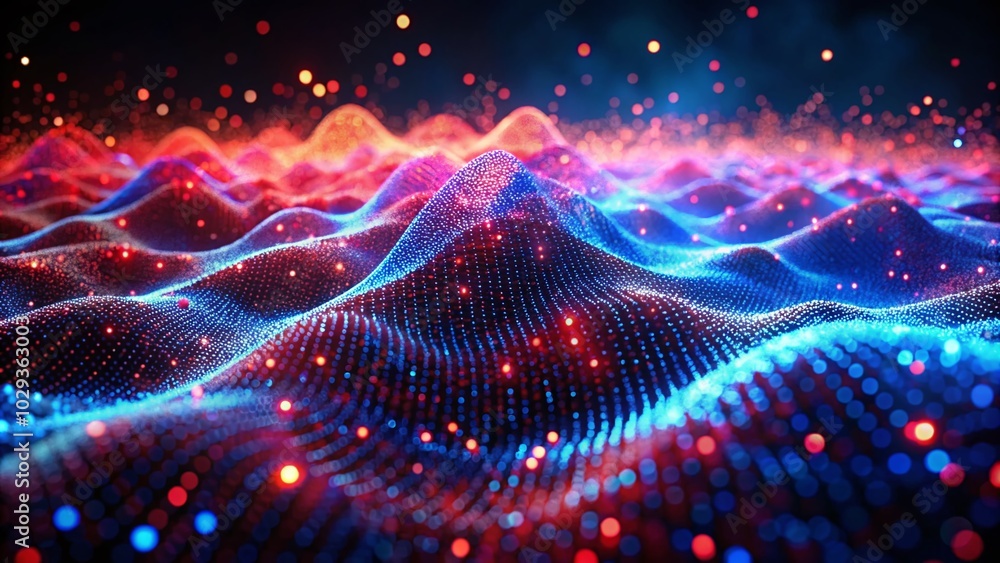 Poster futuristic digital landscape with dynamic wave pattern of glowing red and blue particles