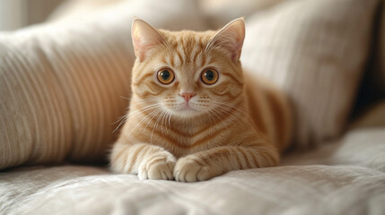 Cute Orange Tabby Cat Lying on Bed  Looking at Camera