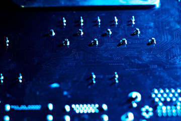 Background technology hardware motherboard circuit components, dark blue lighting