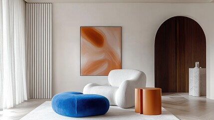 Modern interior design, minimalist living room, curved white armchair, round blue ottoman, cylindrical orange side tables, abstract peach artwork, arched doorway, textured white walls, wooden slat par