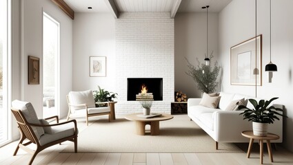 Fototapeta premium Cozy modern living room, minimalist Scandinavian design, white brick walls, large windows, natural light, fireplace with stacked firewood, comfortable white sofa, wooden armchair, round wooden coffee 