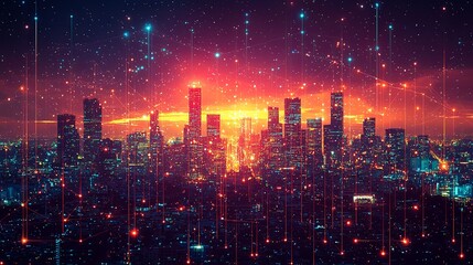 Fototapeta premium Modern cityscape with digital communication network and glowing skyline