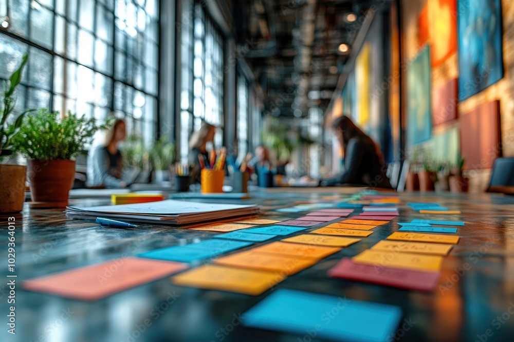 Aufkleber a collaborative workspace with colorful sticky notes and a creative atmosphere.