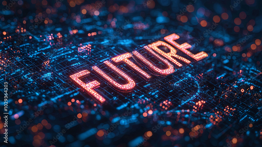 Poster futuristic digital network concept with glowing text and technology