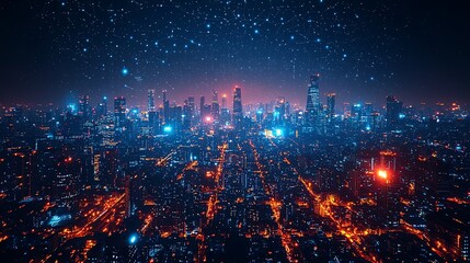 Fototapeta premium Smart city with glowing network and urban skyline at night