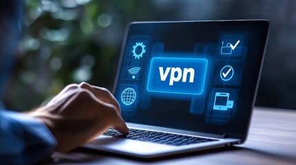 VPN activation in process as a user interacts with their laptop for privacy