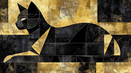 Fototapeta premium A black cat perched on a yellow and black checkered tile-covered wall with a black cat emblazoned on its chest
