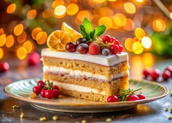 Colorful Cake Slice with Tempting Icing and Fruits