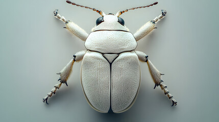 Close-up of white beetle on gray background, top view, wallpaper.