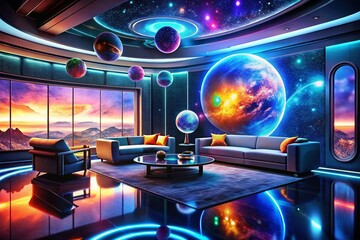 Futuristic Space Navigation Map with Holographic Planets in High-Tech Room for Fashion Photography