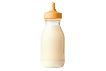 Baby bottle filled with milk with nipple isolated on white background. Concept of baby feeding and nutrition.
