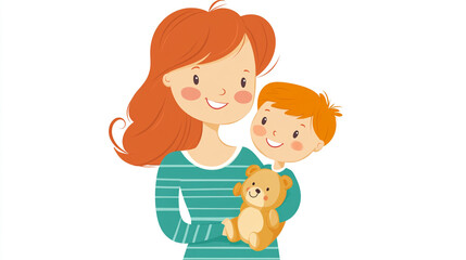 Obraz premium Happy Mother and Son Holding Teddy Bear Illustration