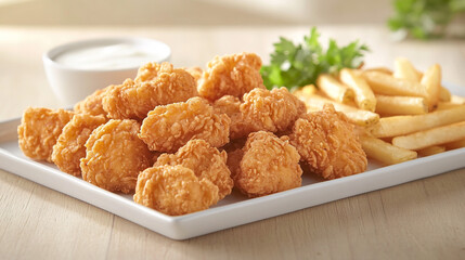 Naklejka premium Crispy Chicken Bites with French Fries and Dip Fast Food Dinner