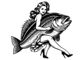 pin-up woman hugging a giant carp fish, playful and surreal sketch engraving generative ai fictional character PNG illustration. Scratch board imitation. Black and white image.