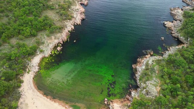Aerial view over a small bay with a wild beach, located in the forest, Paraskeva Bay, Bulgaria
