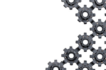 Black gear cogs on a white background, showcasing machinery and mechanical engineering elements. isolated on transparent background.