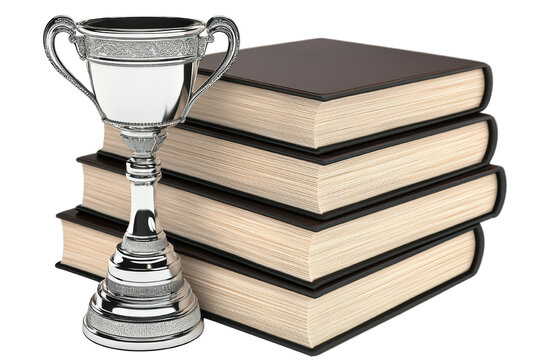 Award trophy beside stacked books on a white isolated background. isolated on transparent background.