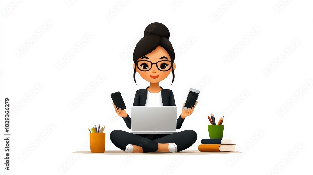 Poster multitasking maven: a stylized of a young businesswoman effortlessly managing multiple devices and t