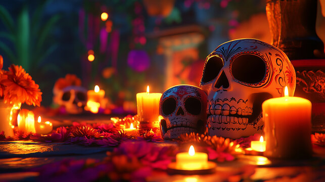 A candlelit altar with a few sugar skulls and candles, Background, Day of the Dead