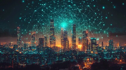 Futuristic smart city with vivid digital communication network