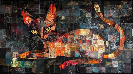   A vibrant depiction of a feline with captivating yellow eyes against a dynamic backdrop of various-sized, multi-hued squares