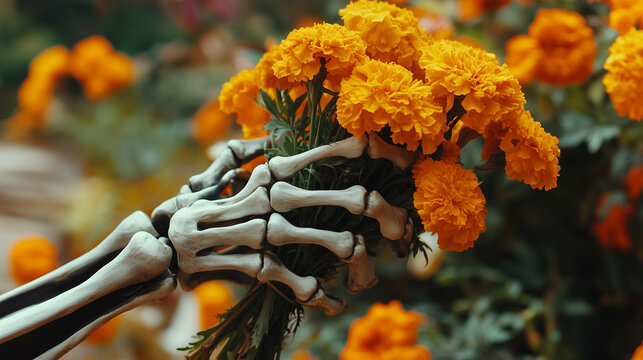 A skeleton hand holding a bouquet of marigolds, Background, Day of the Dead