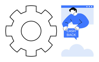 A gear symbol next to a person holding a cashback sign in a digital interface. Ideal for online shopping, cashback programs, financial rewards, digital marketing, and customer incentives. Minimalist