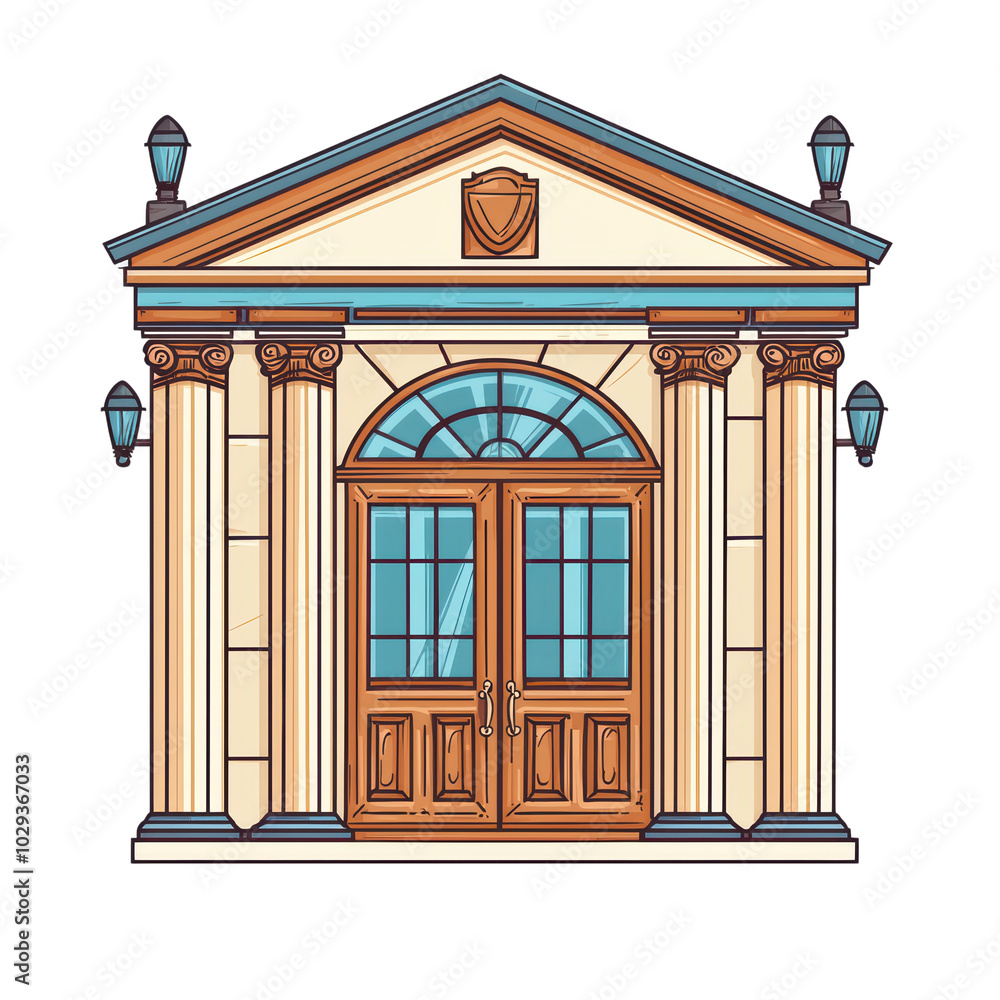 Poster elegant building facade with classic architecture, showcasing windows and ornate columns, isolated o