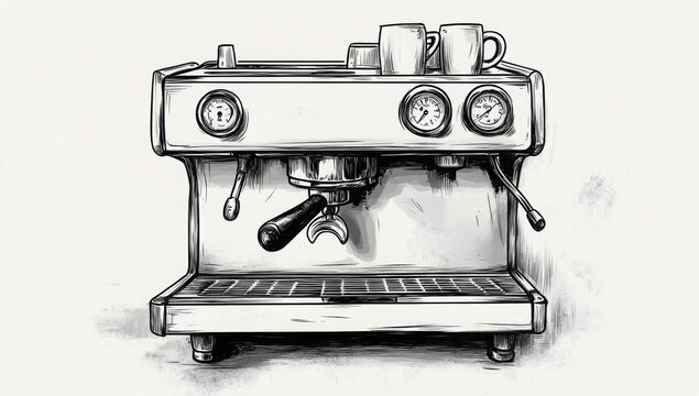 A black and white hand-drawn artistic representation of an espresso machine, featuring knobs and gauges. The detailed illustration showcases the mechanical design of the machine.