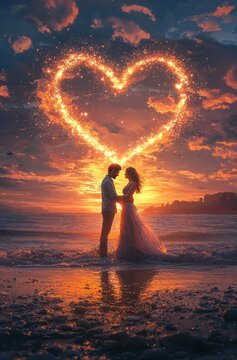 A couple stands on the beach, silhouetted against a dramatic sunset, with a glowing heart in the sky symbolizing their love and passion for each other.