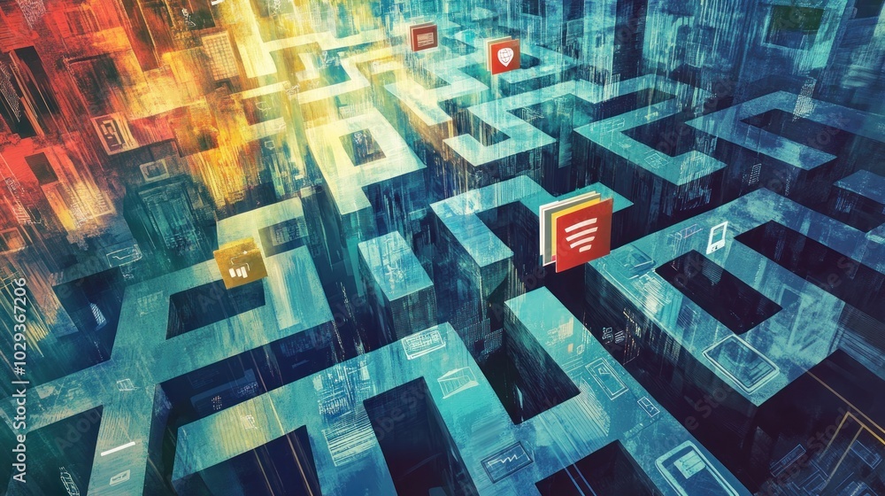 Aufkleber abstract maze with digital icons representing the challenges and complexities of modern life.