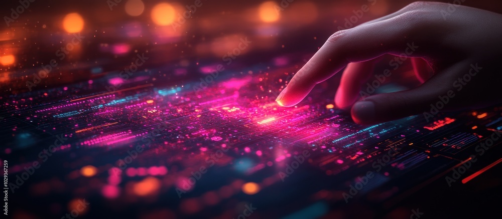 Poster a hand interacting with a vibrant, digital interface filled with glowing data points.