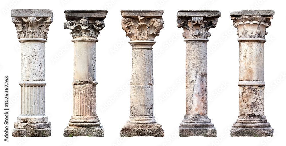 Poster ancient classical stone columns, isolated on transparent cutout background